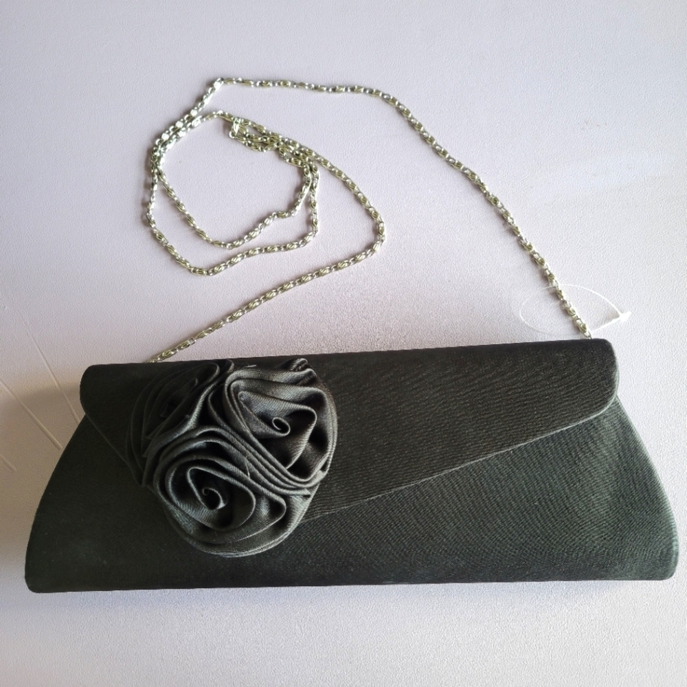 90s Black Satin Flower Rosette Aplique Handbag Crossbody Covertible Purse Clutch